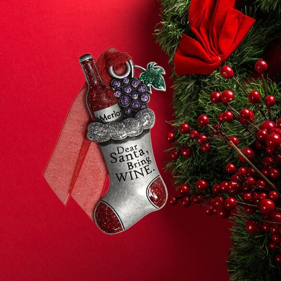 New! Dear Santa Bring Wine Pewter & Enamel Christmas Ornament Merlot & Grapes - Picture 2 of 2